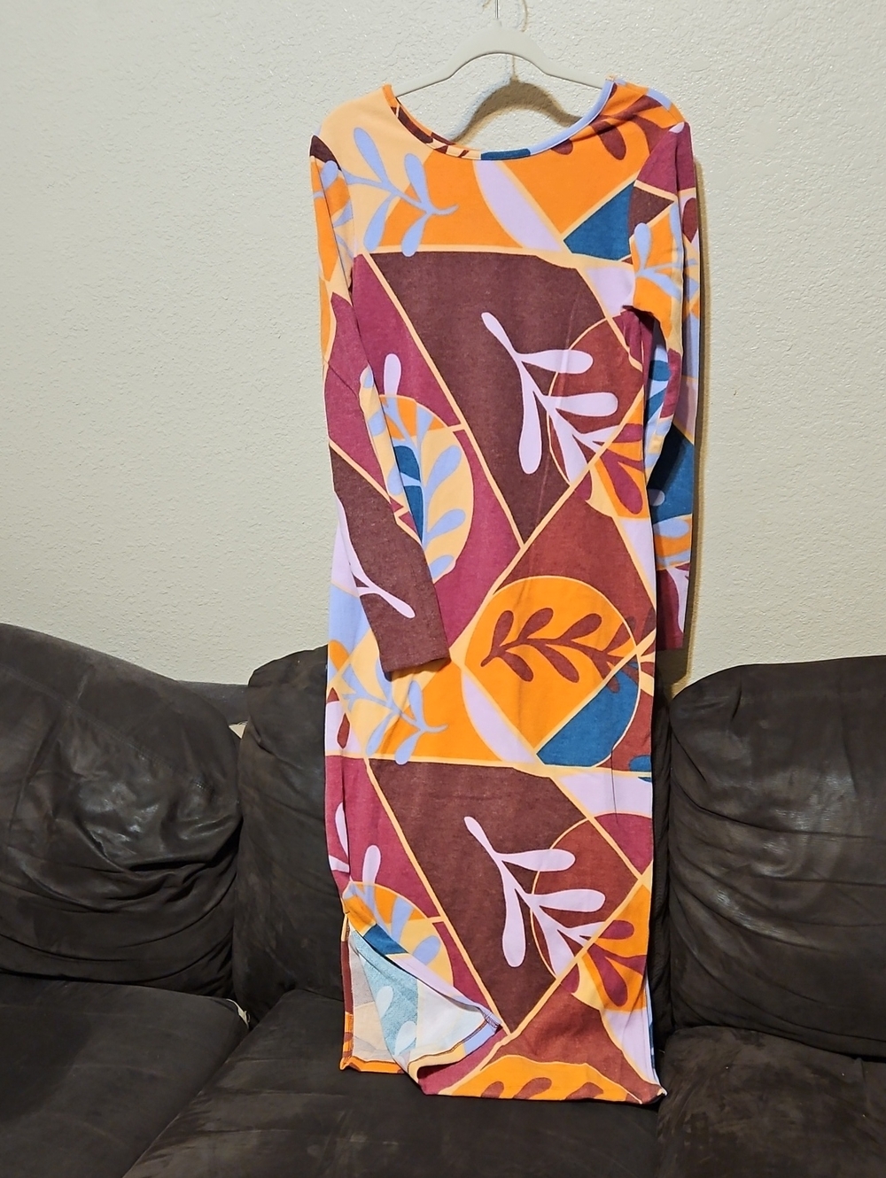 Bold Geometric Floral Maxi Dress in Orange, Burgundy & Blue